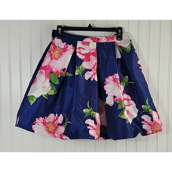 Sequin Hearts Navy Blue Bold Floral Skirt Size 7 Juniors Statement Pink Flowers - Picture 9 of 9